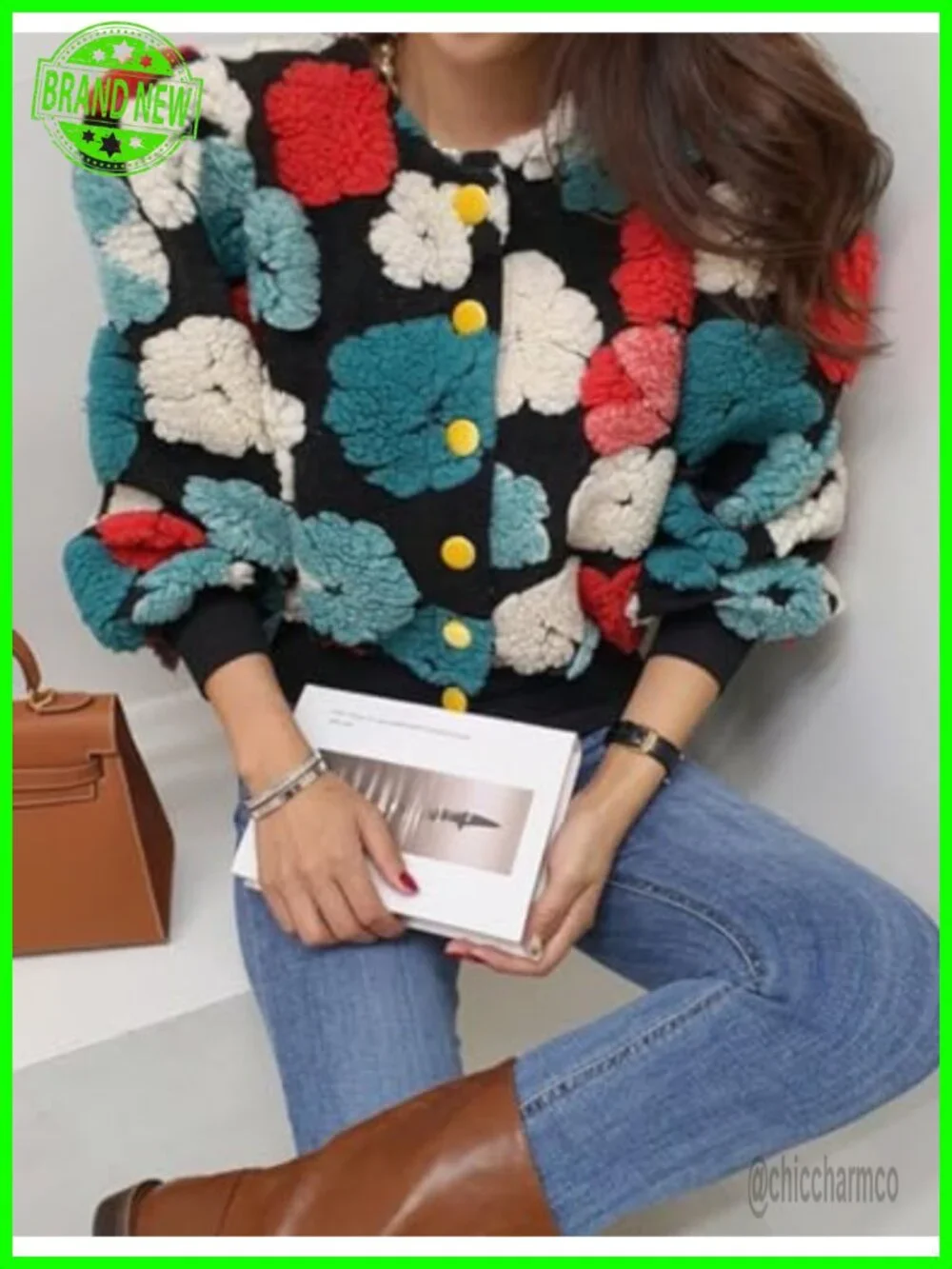 Cropped Floral Fleece Bomber Jacket Puff Sleeve Ribbed Cuff